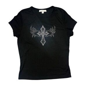 Y2K Orange Kiss Silver Rhinestone Cross Black Tee Grunge
